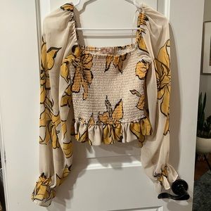 Anthropologie Balloon Sleeve Yellow Beige Floral Sheer Blouse - XS